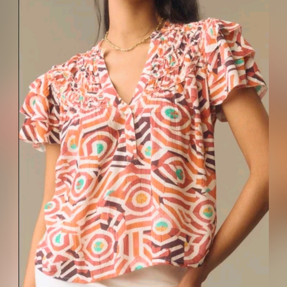 Maeve Smocked Yoke Ruffle Sleeve Geometric Print Top, Size S